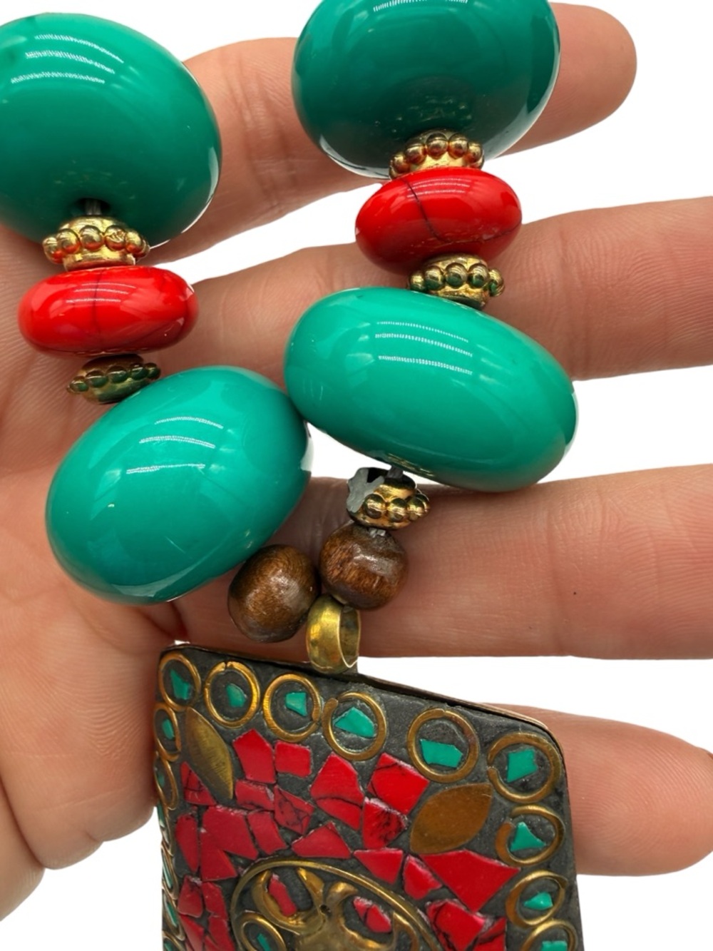 Tibetan Ethnic Mosaic Red Coral and Turquoise Statement Pendant Brass Necklace - Picture 7 of 8